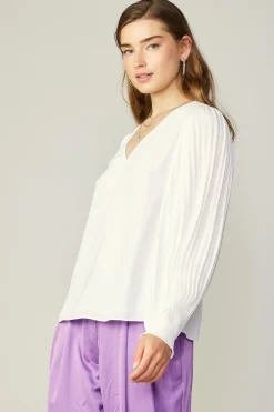 Long Sleeve Tops-Current Air Long Pleated Sleeve Blouse WHITE