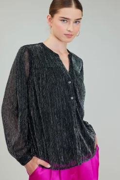 Long Sleeve Tops-Current Air Lurex Buttonup Blouse BLACK