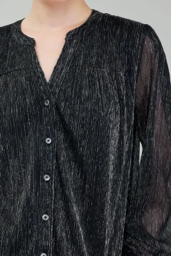 Long Sleeve Tops-Current Air Lurex Buttonup Blouse BLACK