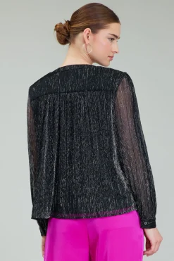 Long Sleeve Tops-Current Air Lurex Buttonup Blouse BLACK