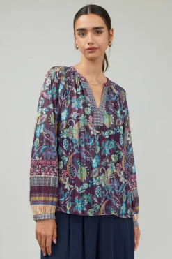 Long Sleeve Tops-Current Air Lurex Floral Blouse PLUMMLT