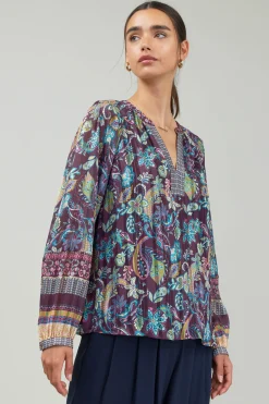 Long Sleeve Tops-Current Air Lurex Floral Blouse PLUMMLT