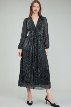 Maxi Dresses-Current Air Lurex Pleated Maxi Dress BLACK