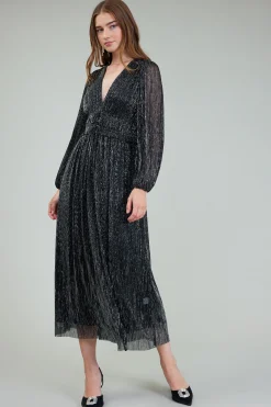 Maxi Dresses-Current Air Lurex Pleated Maxi Dress BLACK