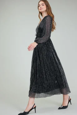 Maxi Dresses-Current Air Lurex Pleated Maxi Dress BLACK