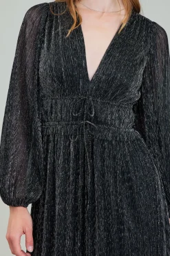 Maxi Dresses-Current Air Lurex Pleated Maxi Dress BLACK