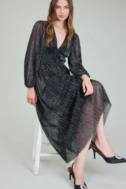 Maxi Dresses-Current Air Lurex Pleated Maxi Dress BLACK