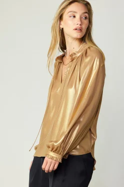Long Sleeve Tops-Current Air Lustrous Cuffed Blouse GOLD
