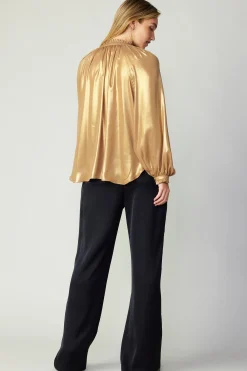 Long Sleeve Tops-Current Air Lustrous Cuffed Blouse GOLD
