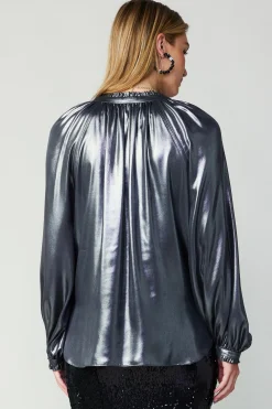 Long Sleeve Tops-Current Air Lustrous Cuffed Blouse GUNMETAL