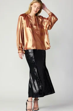 Long Sleeve Tops-Current Air Lustrous Cuffed Blouse RUST