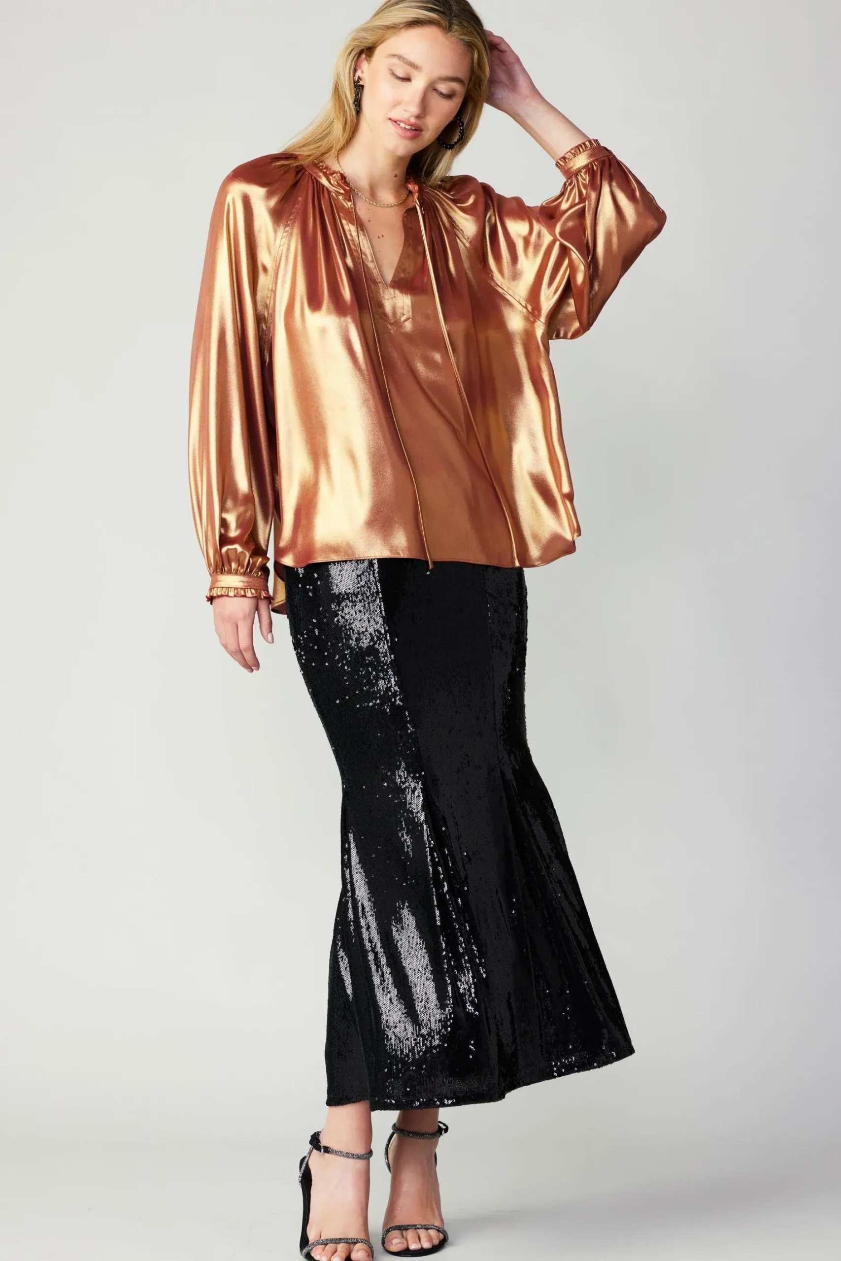 Long Sleeve Tops-Current Air Lustrous Cuffed Blouse RUST