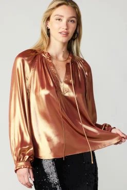 Long Sleeve Tops-Current Air Lustrous Cuffed Blouse RUST