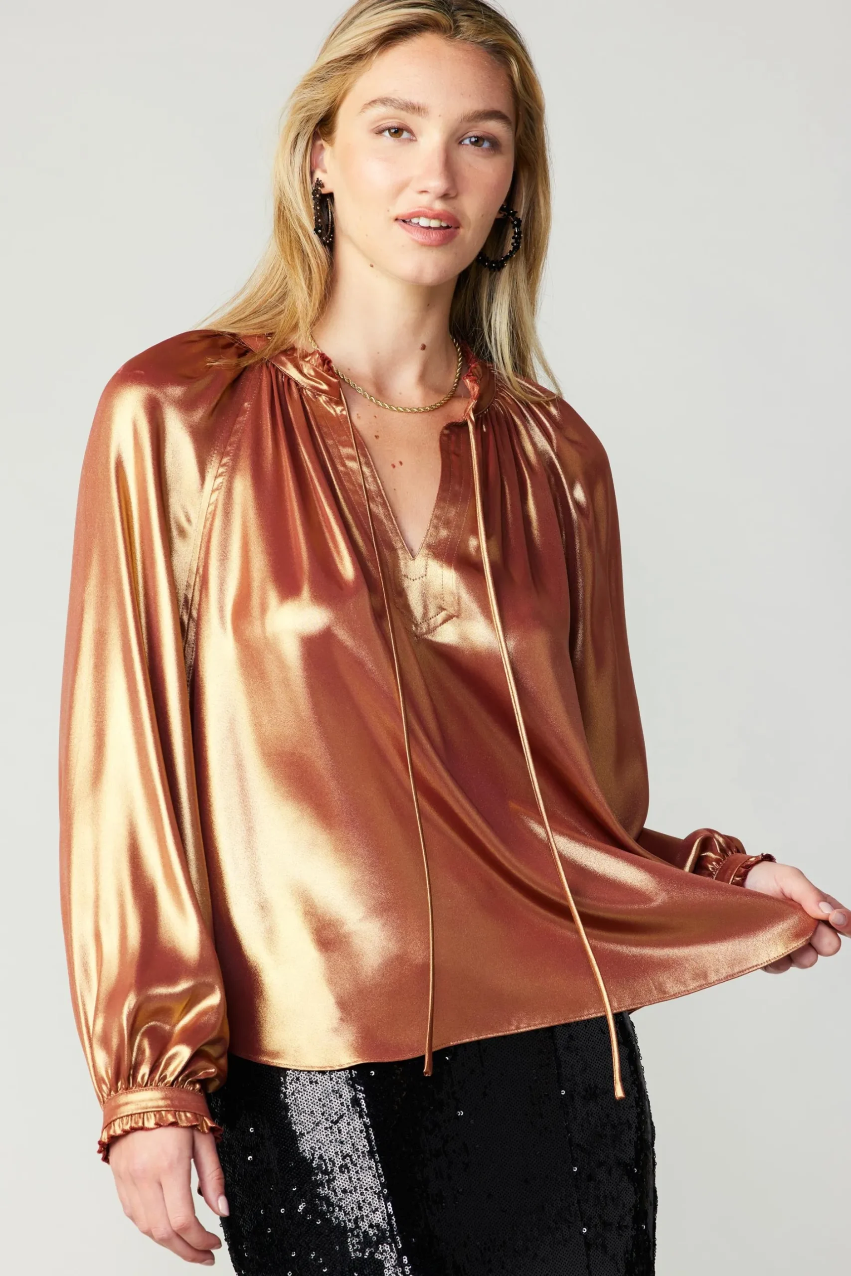 Long Sleeve Tops-Current Air Lustrous Cuffed Blouse RUST