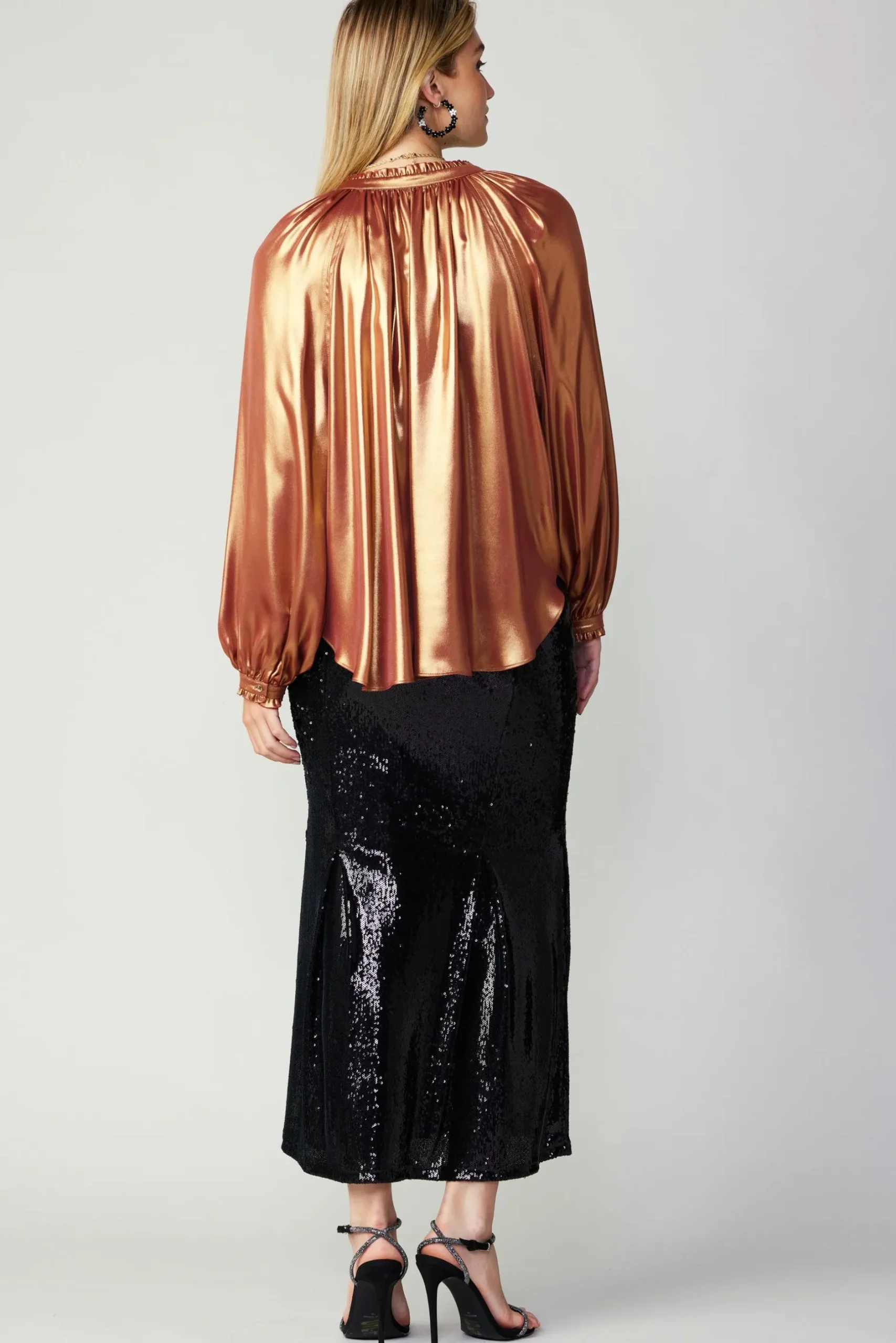 Long Sleeve Tops-Current Air Lustrous Cuffed Blouse RUST