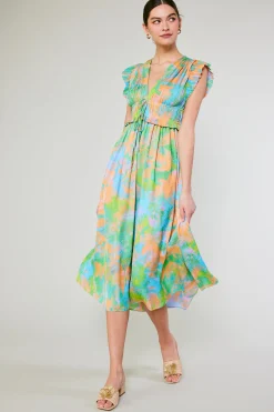 Maxi Dresses|Midi Dresses-Current Air Mara Abstract Pleated Maxi Dress GREENORANGEMLT