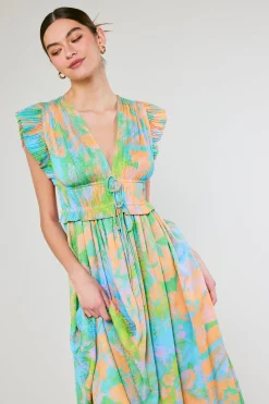 Maxi Dresses|Midi Dresses-Current Air Mara Abstract Pleated Maxi Dress GREENORANGEMLT