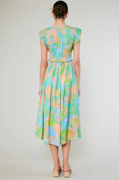 Maxi Dresses|Midi Dresses-Current Air Mara Abstract Pleated Maxi Dress GREENORANGEMLT