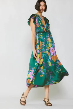 Midi Dresses-Current Air Mara Floral Pleated Midi Dress GREENFLORAL