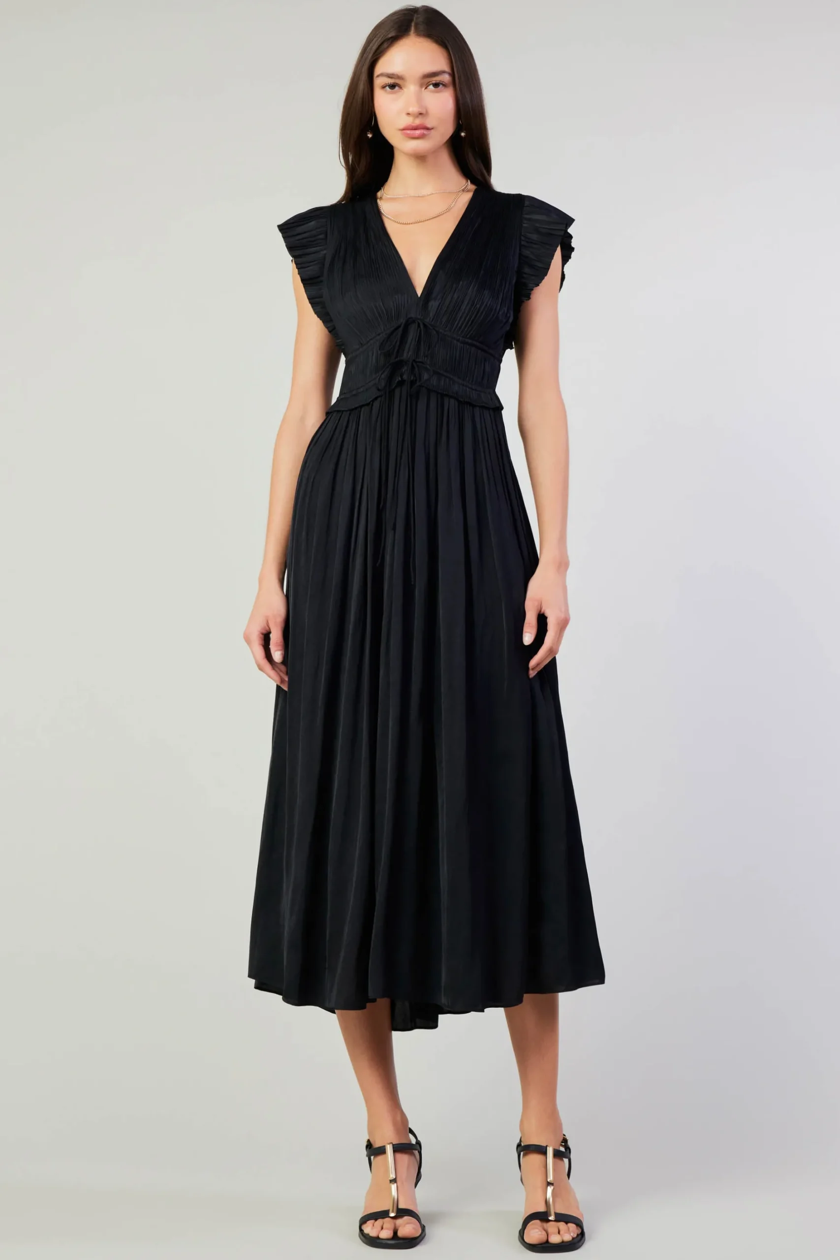 Maxi Dresses|Midi Dresses-Current Air Mara Pleated Maxi Dress BLACK