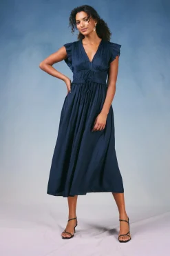 Maxi Dresses|Midi Dresses-Current Air Mara Pleated Maxi Dress DARKNAVY