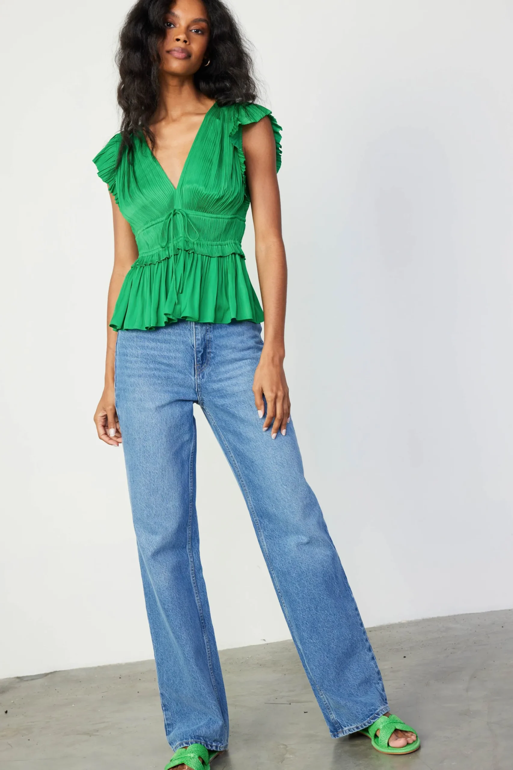 Sleeveless Tops-Current Air Mara Pleated Sleeveless Blouse DEEPSPRINGGREEN