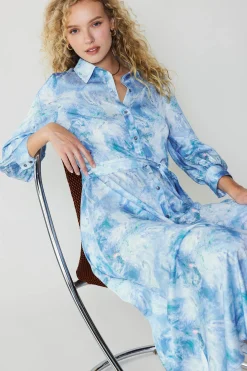 Maxi Dresses|Midi Dresses-Current Air Marbled Motif Buttondown Dress BLUEMULTI