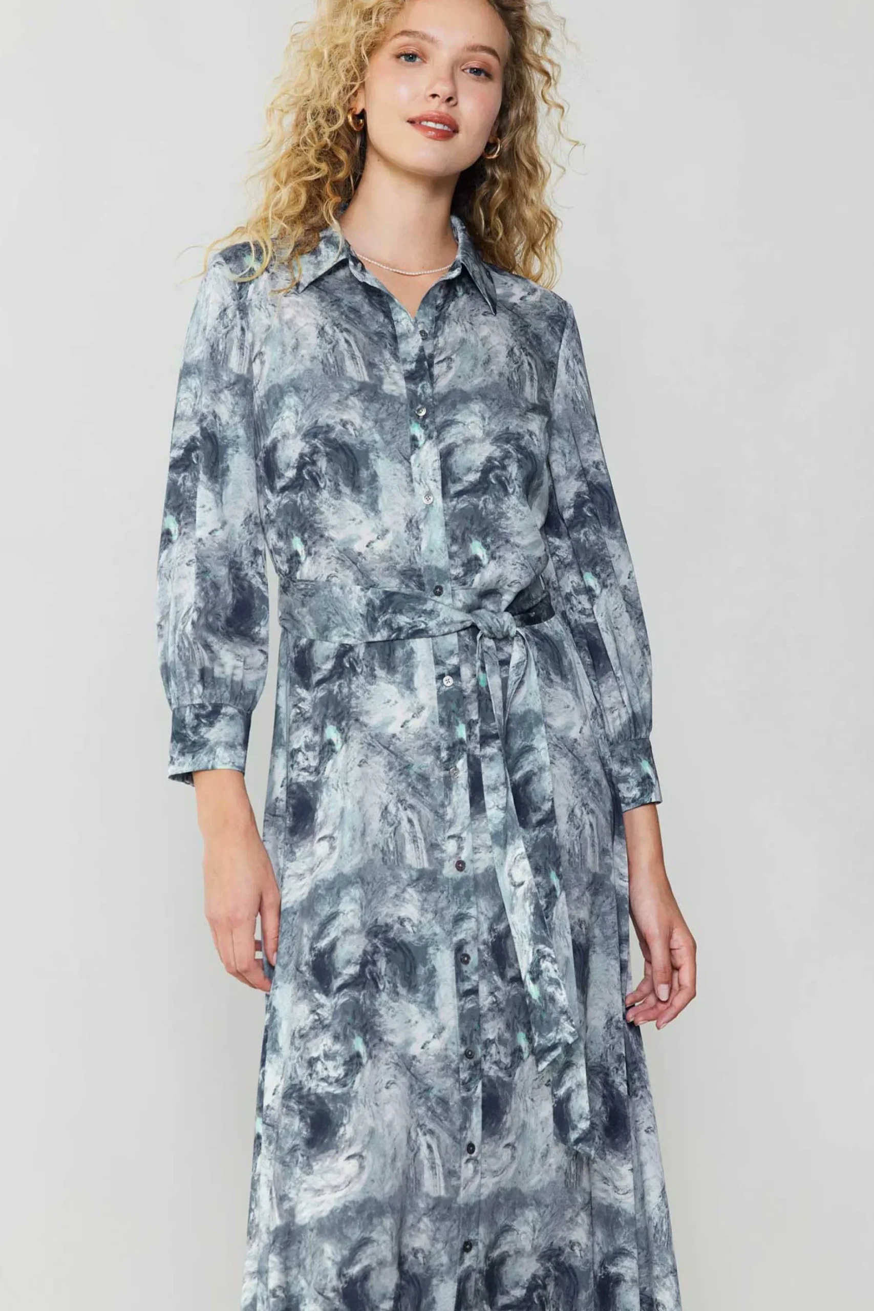 Maxi Dresses|Midi Dresses-Current Air Marbled Motif Buttondown Dress GREYMULTI