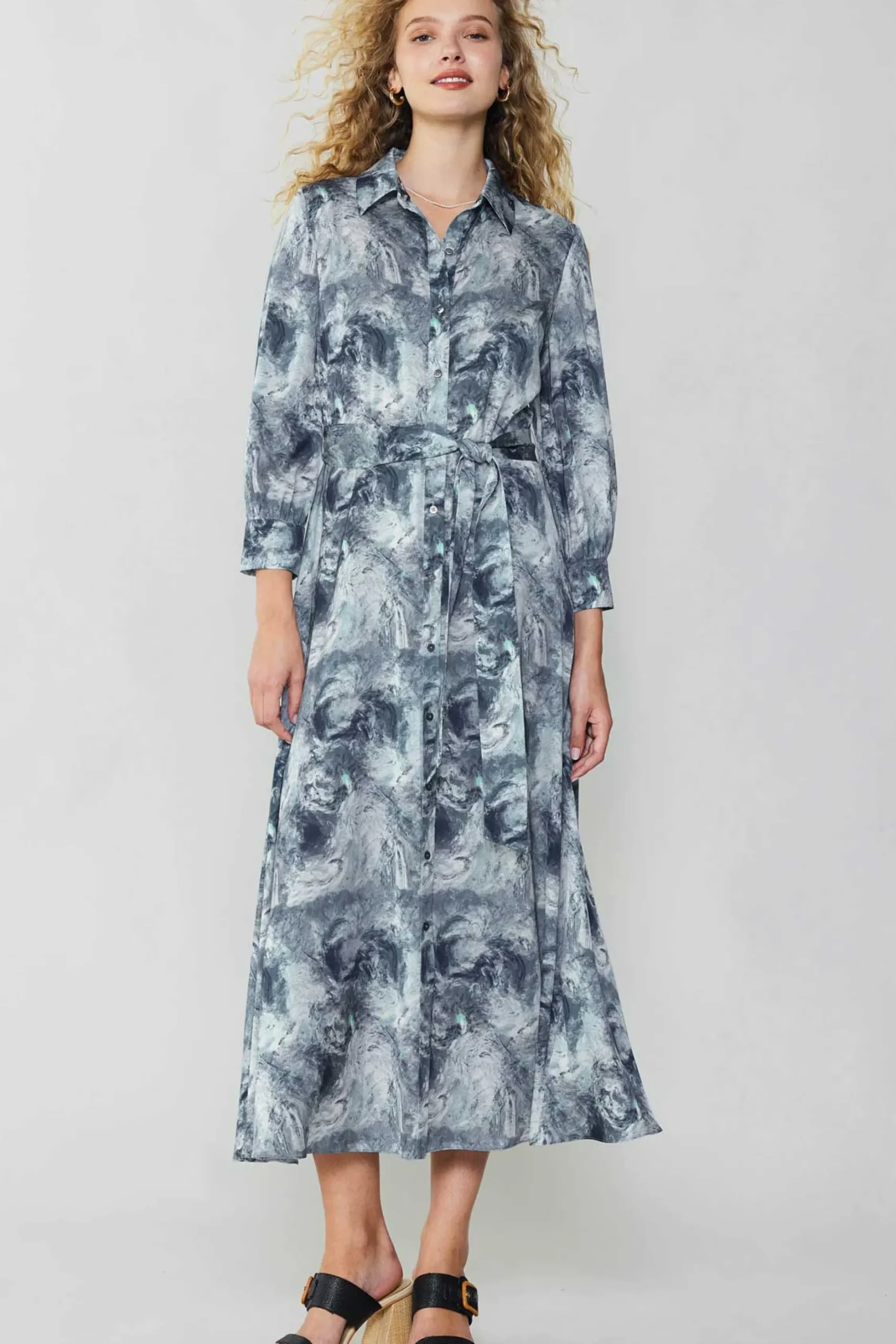 Maxi Dresses|Midi Dresses-Current Air Marbled Motif Buttondown Dress GREYMULTI