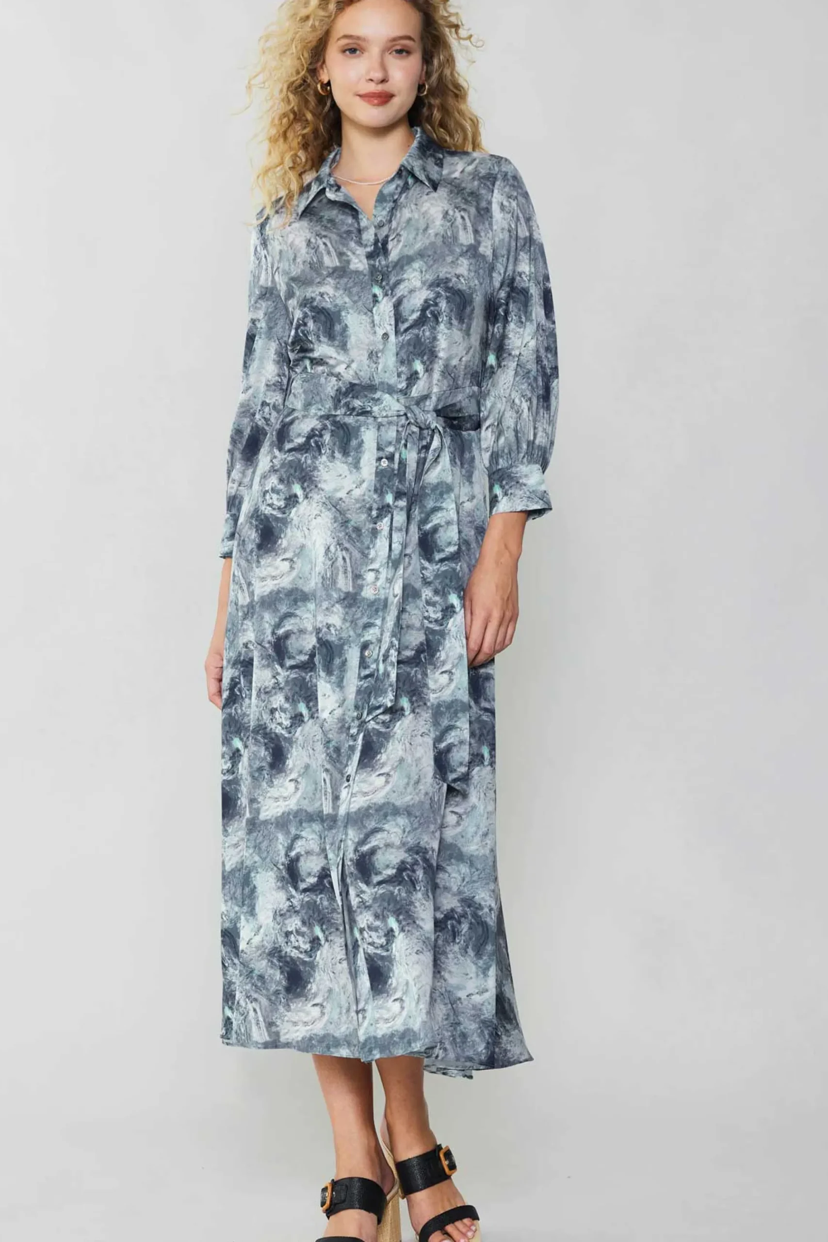Maxi Dresses|Midi Dresses-Current Air Marbled Motif Buttondown Dress GREYMULTI