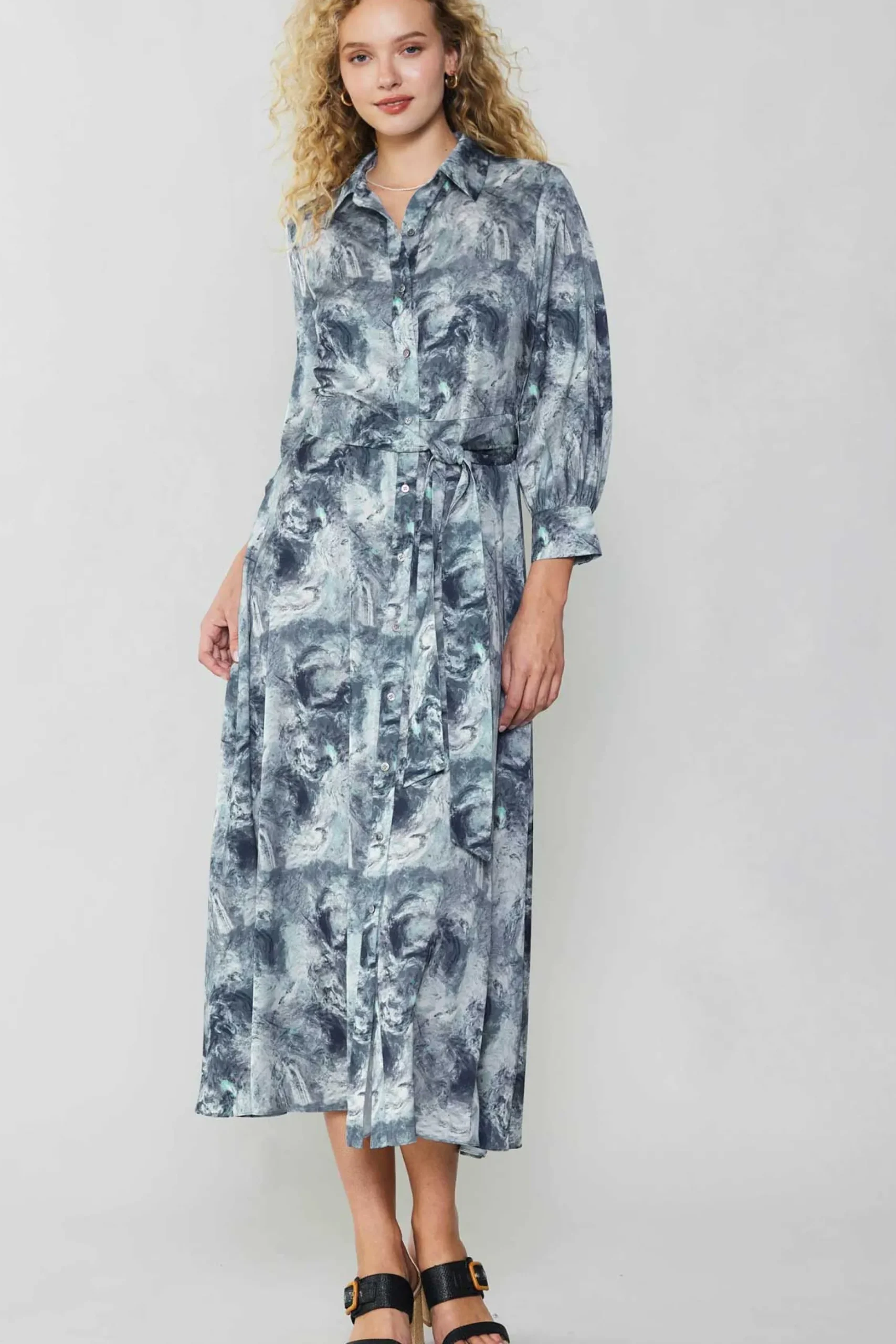 Maxi Dresses|Midi Dresses-Current Air Marbled Motif Buttondown Dress GREYMULTI