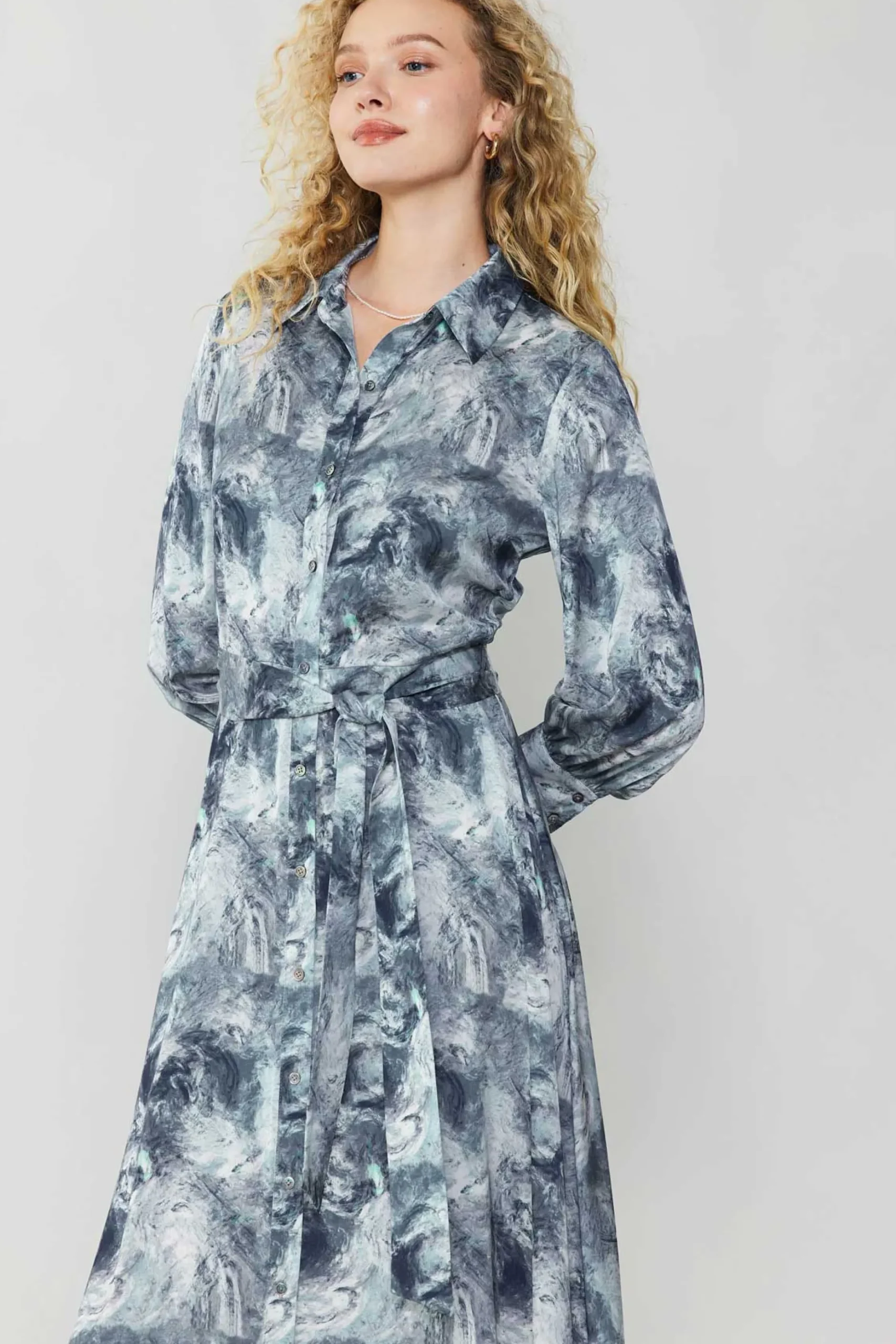 Maxi Dresses|Midi Dresses-Current Air Marbled Motif Buttondown Dress GREYMULTI