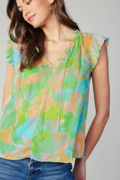 Short Sleeve Tops-Current Air Margot Abstract Pleated Sleeve Blouse GREENORANGE