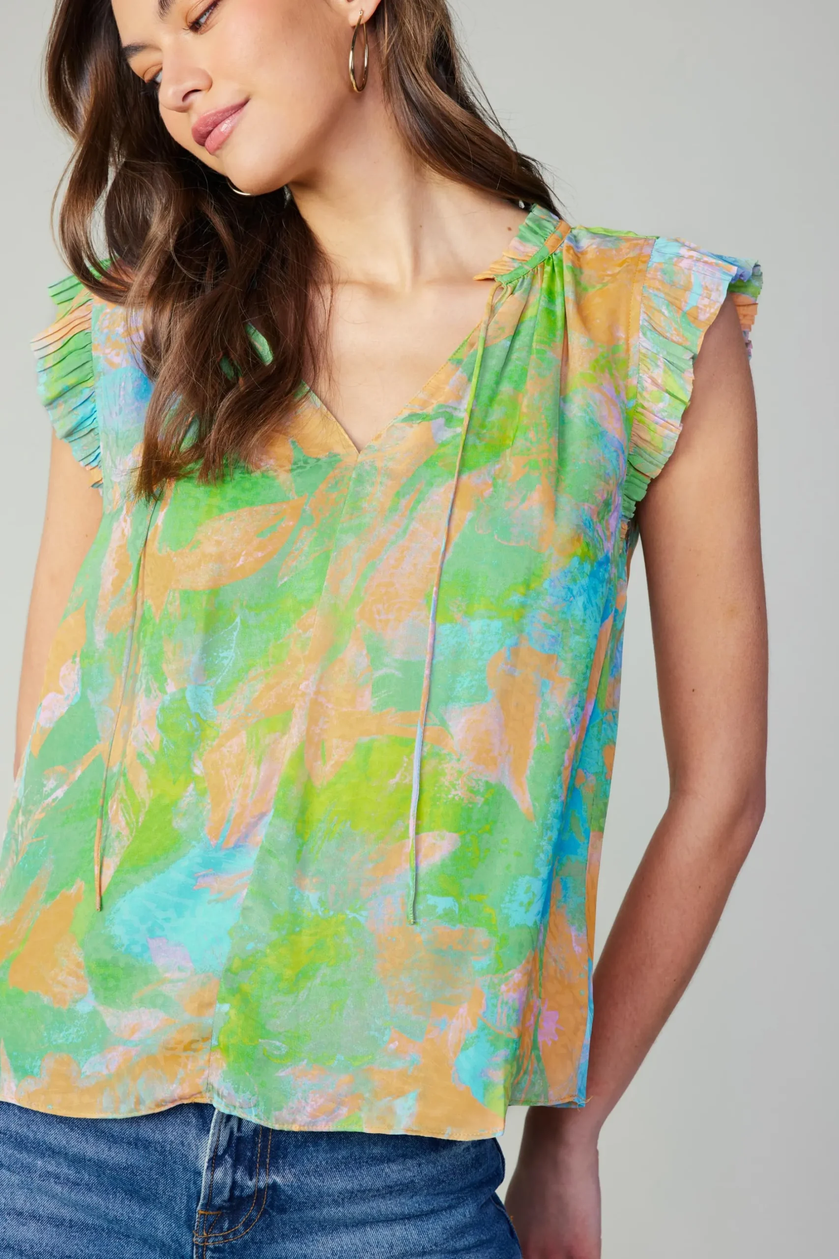 Short Sleeve Tops-Current Air Margot Abstract Pleated Sleeve Blouse GREENORANGE