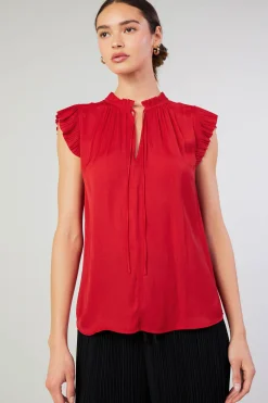 Short Sleeve Tops-Current Air Margot Pleated Blouse RED