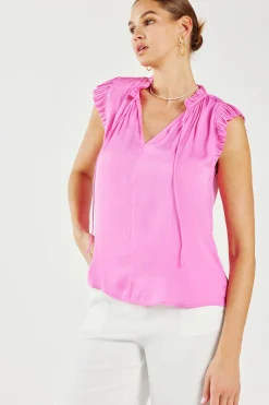 Short Sleeve Tops-Current Air Margot Pleated Sleeve Blouse PINK