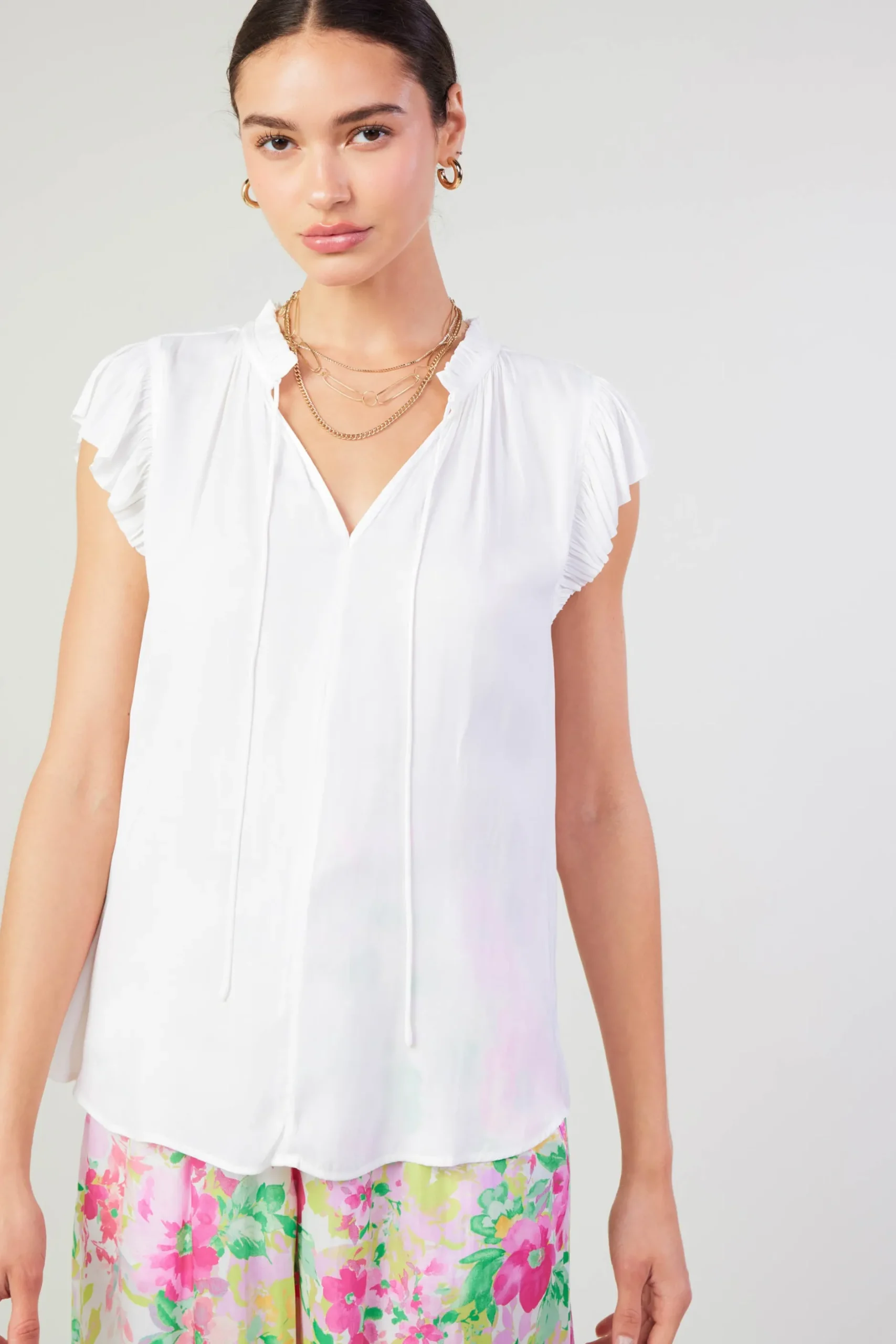 Short Sleeve Tops-Current Air Margot Pleated Sleeve Blouse OFFWHITE