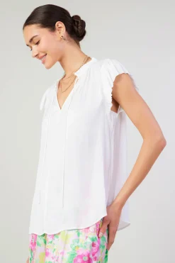 Short Sleeve Tops-Current Air Margot Pleated Sleeve Blouse OFFWHITE