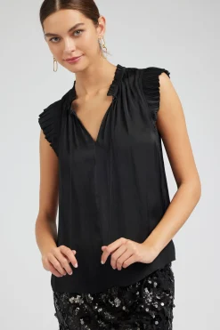 Sleeveless Tops|Short Sleeve Tops-Current Air Margot Pleated Sleeve Blouse BLACK