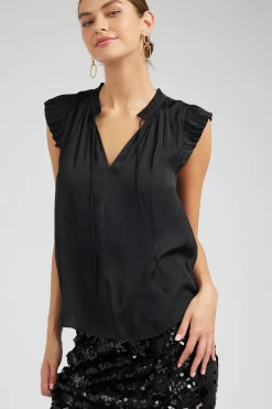 Sleeveless Tops|Short Sleeve Tops-Current Air Margot Pleated Sleeve Blouse BLACK