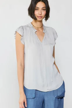 Short Sleeve Tops-Current Air Margot Pleated Sleeve Blouse GREY