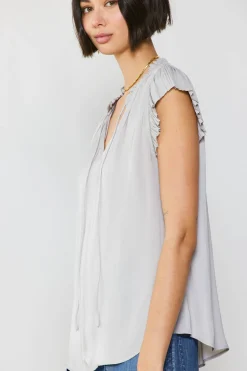 Short Sleeve Tops-Current Air Margot Pleated Sleeve Blouse GREY