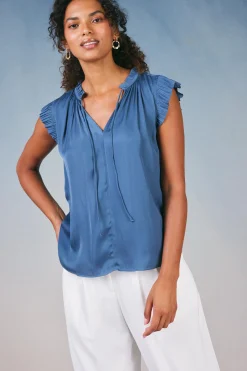Short Sleeve Tops-Current Air Margot Pleated Sleeve Blouse DARKDUSTYBLUE