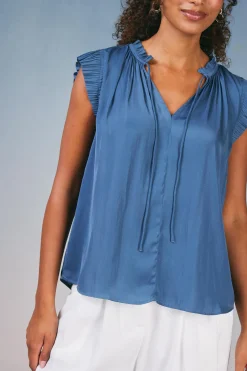 Short Sleeve Tops-Current Air Margot Pleated Sleeve Blouse DARKDUSTYBLUE