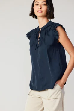 Short Sleeve Tops-Current Air Margot Pleated Sleeve Blouse DARKNAVY