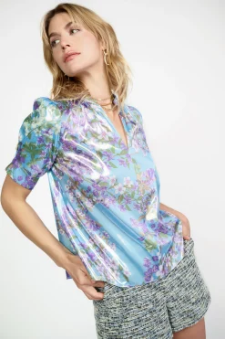 Short Sleeve Tops-Current Air Metallic Botanical Print Top BLUEPURPLEMLT