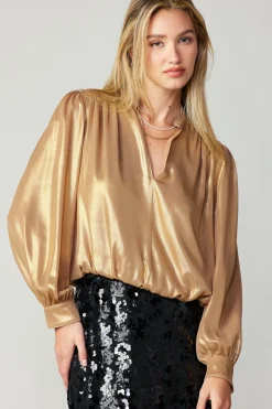 Long Sleeve Tops-Current Air Metallic Bubble Hem Blouse GOLD