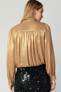 Long Sleeve Tops-Current Air Metallic Bubble Hem Blouse GOLD