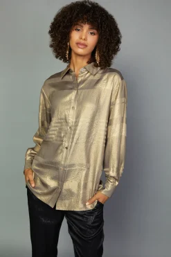 Long Sleeve Tops-Current Air Metallic Button Down Top GOLDFOIL