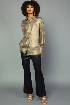 Long Sleeve Tops-Current Air Metallic Button Down Top GOLDFOIL